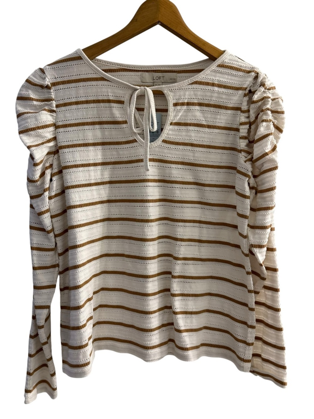 Loft Women's LS Striped Open Knit Cream Top Tie Neck Ruched Sleeve Medium NWT.